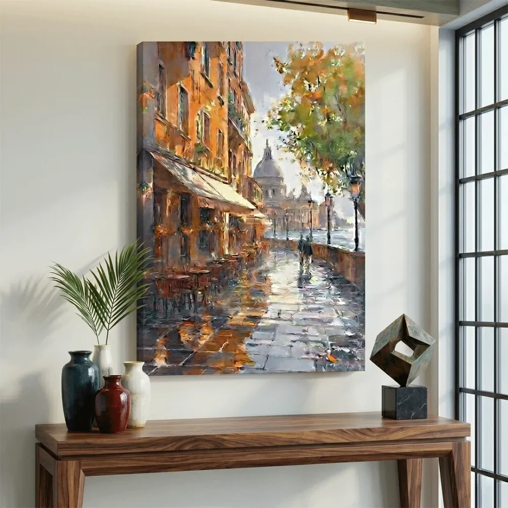 Sunlit European Riverside Canvas Wall Art – Café Walkway Scene With Frame