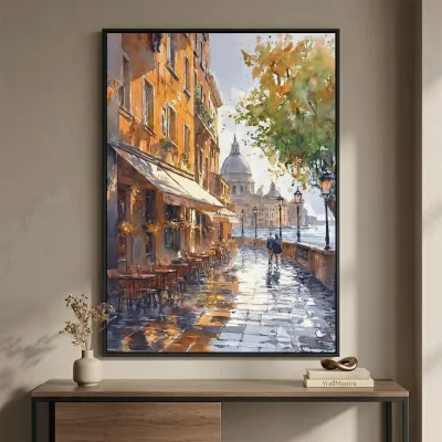 Sunlit European Riverside Canvas Wall Art – Café Walkway Scene