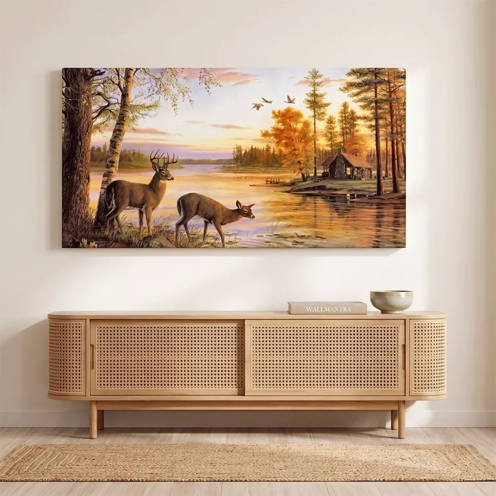 Sunset lake Canvas Big Panoramic Wall Painting With Frame