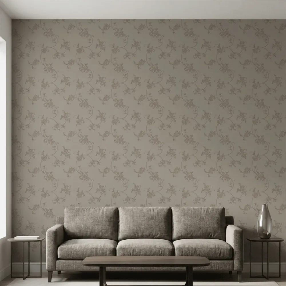 Taupe Floral Embroidered Textured Wallpaper