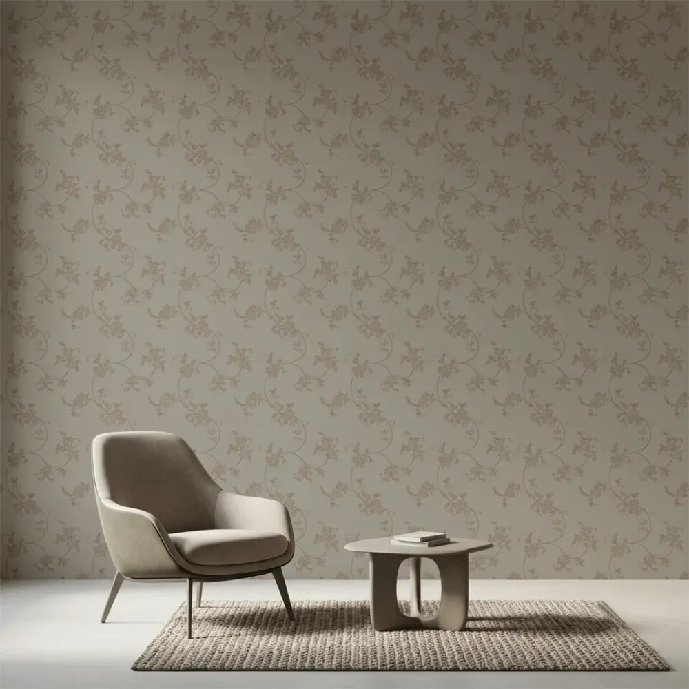Taupe Floral Embroidered Textured Wallpaper
