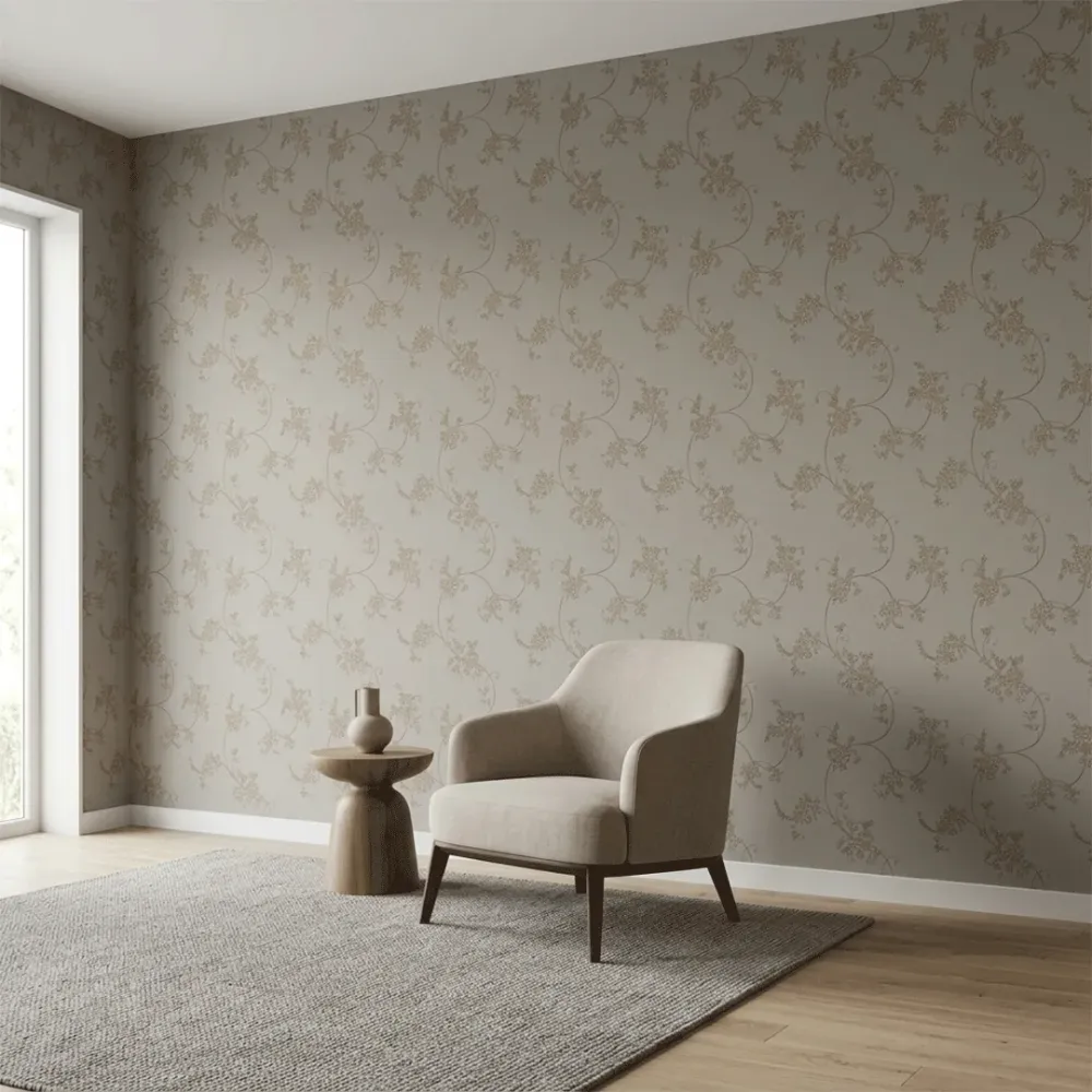 Taupe Floral Embroidered Textured Wallpaper