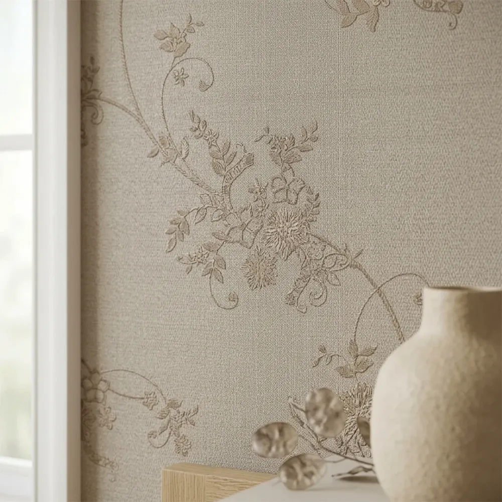 Taupe Floral Embroidered Textured Wallpaper