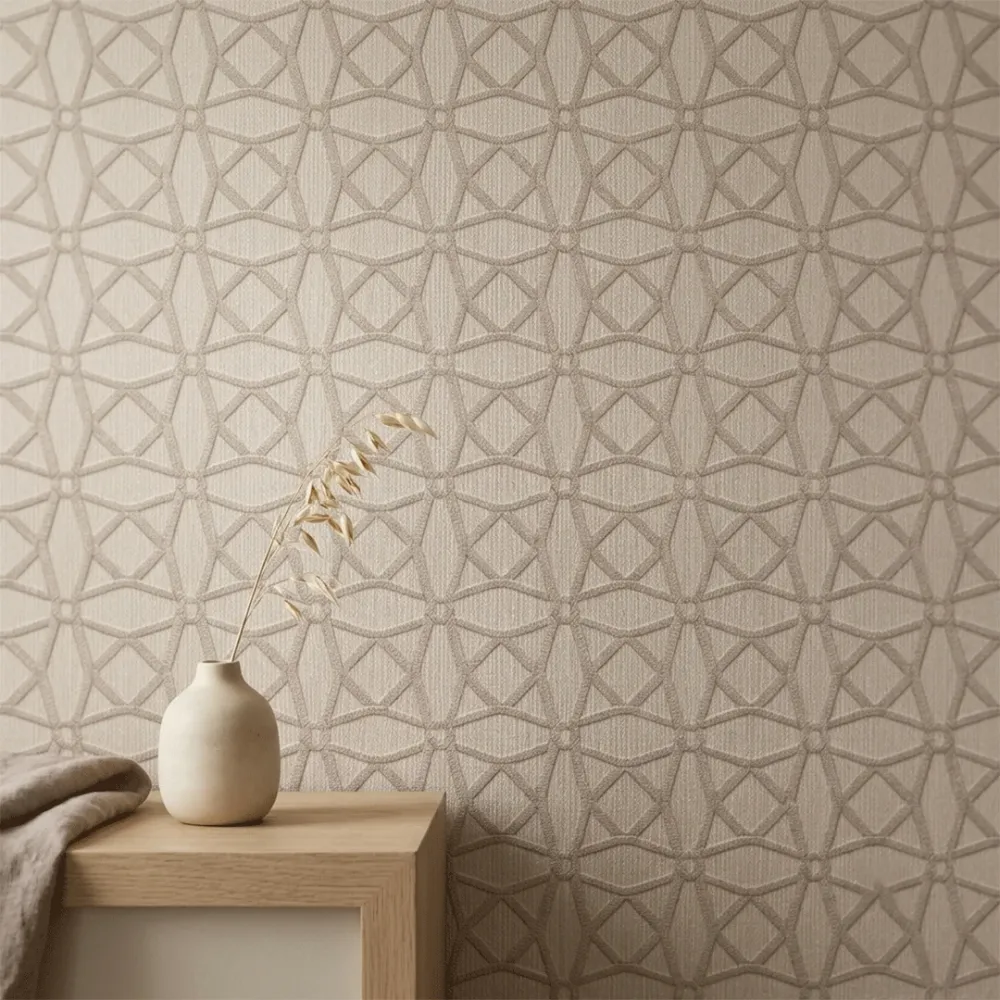 Taupe Geometric Embroidered Textured Wallpaper
