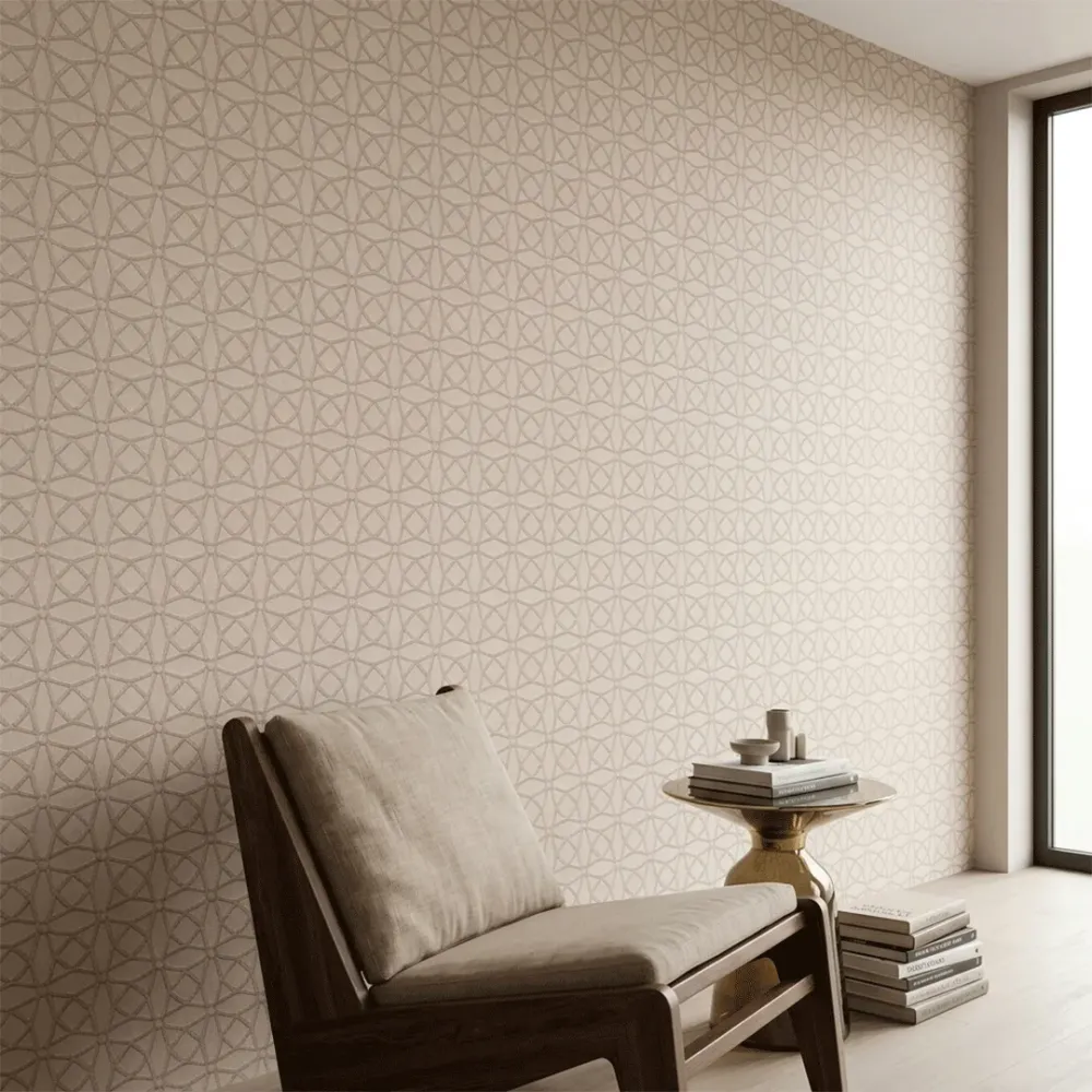 Taupe Geometric Embroidered Textured Wallpaper