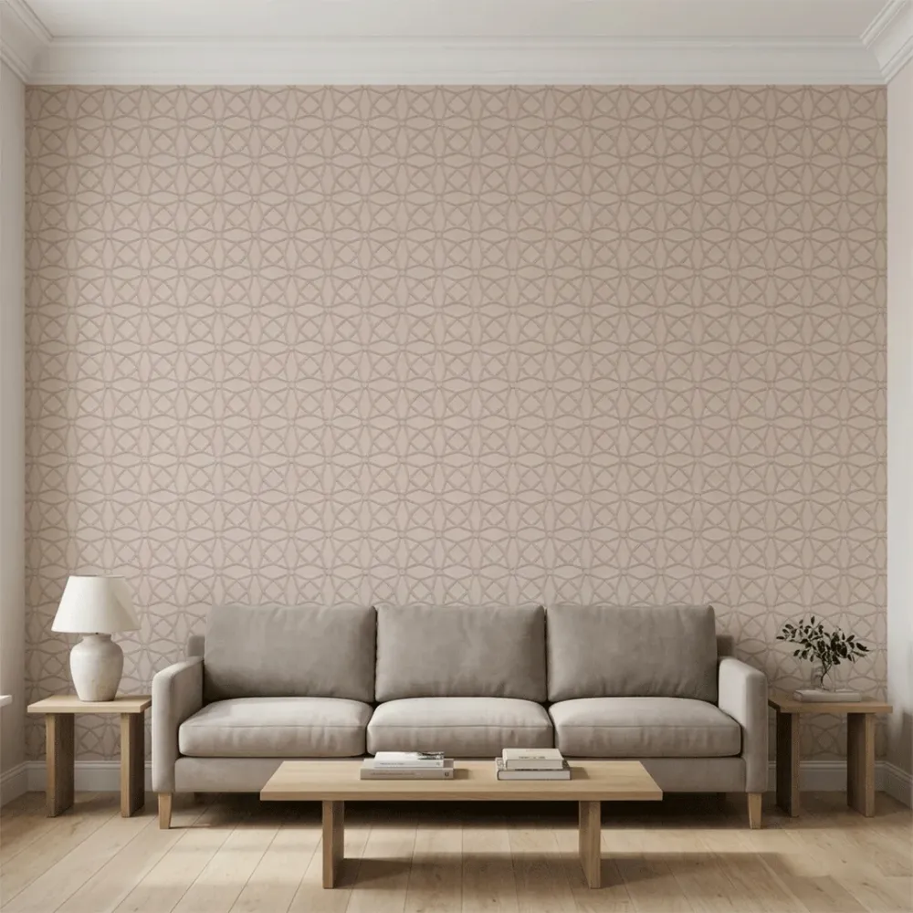 Taupe Geometric Embroidered Textured Wallpaper