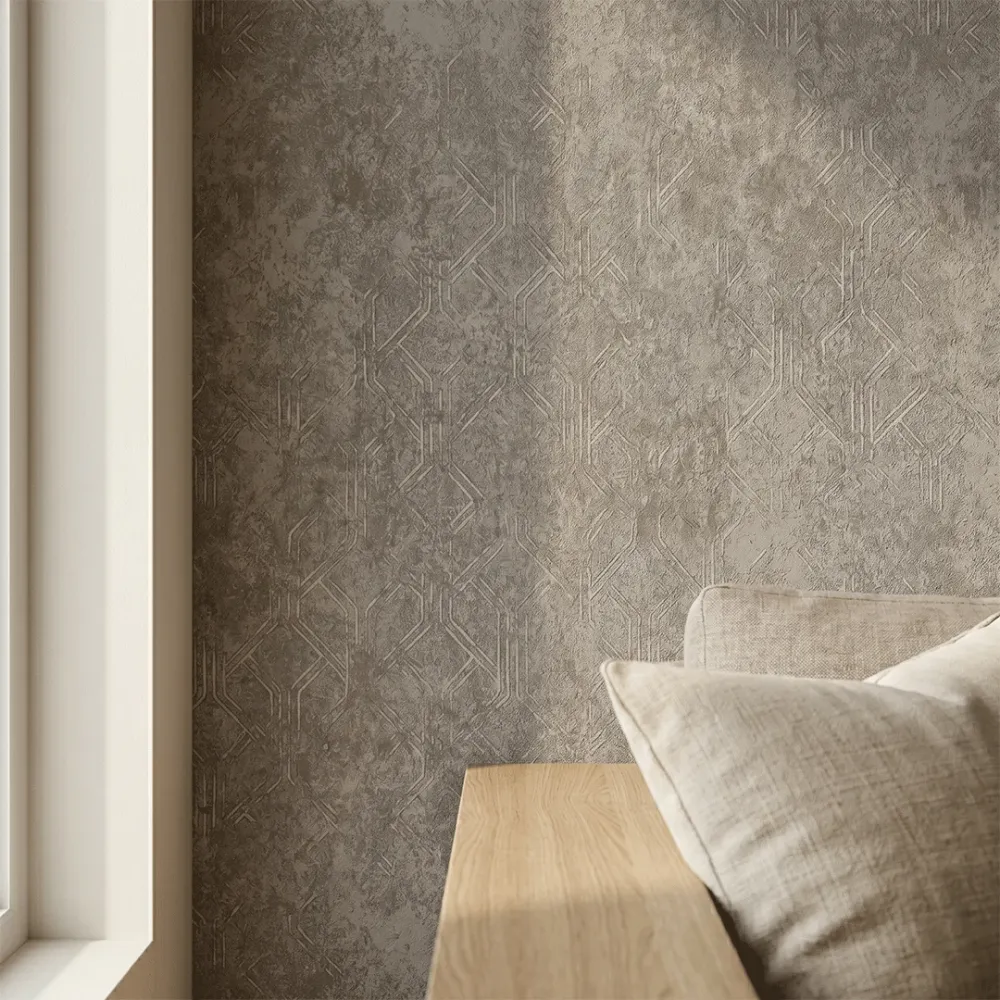 Taupe Grid Industrial Geometric Wallpaper