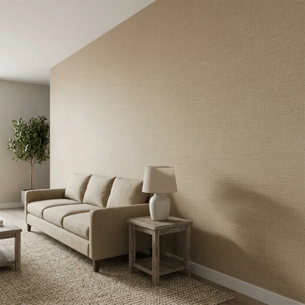 Taupe Linen Texture Plain Wallpaper
