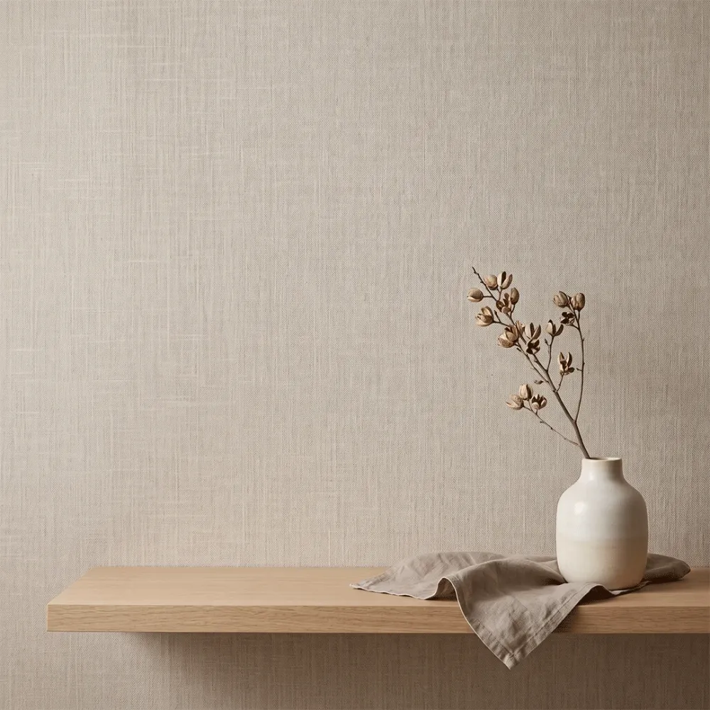 Taupe Linen Texture Plain Wallpaper