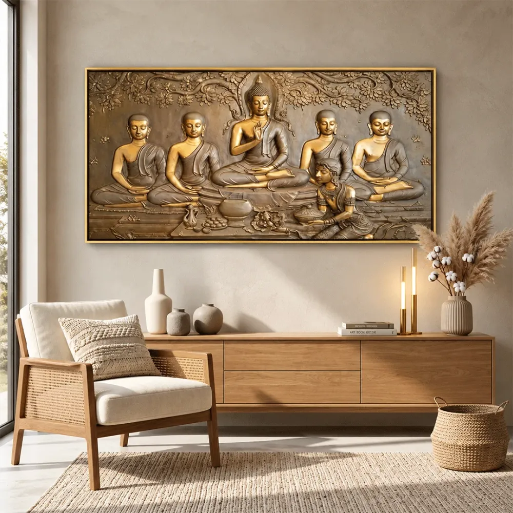Teachings of Buddha Panoramic Wall Painting With Frame