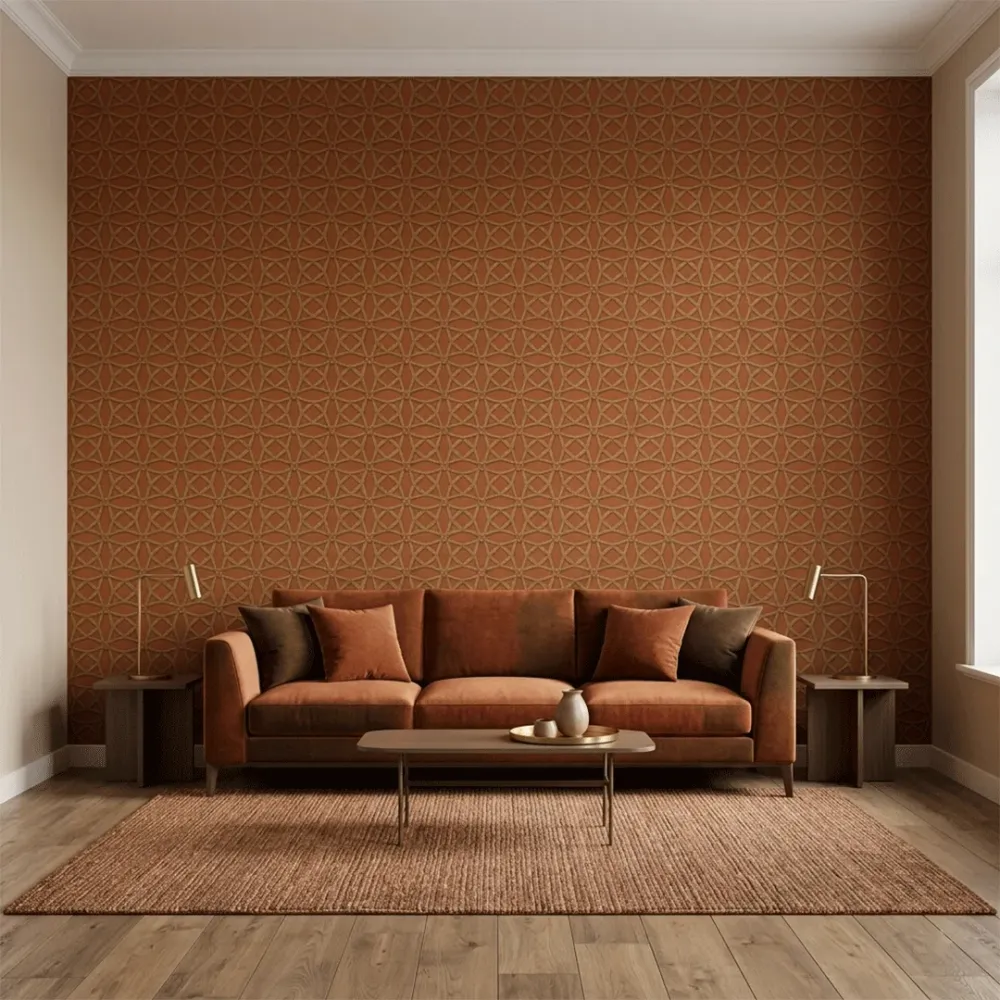Terracotta Geometric Embroidered Textured Wallpaper