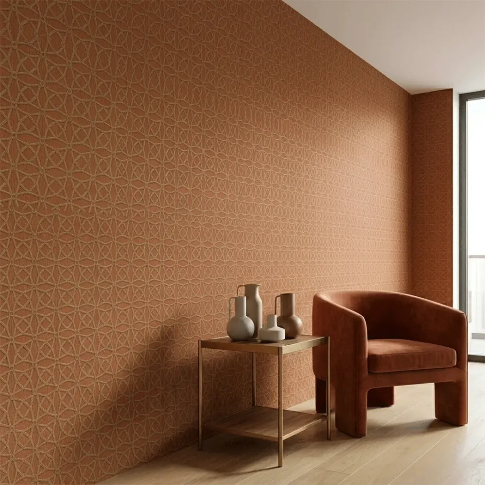 Terracotta Geometric Embroidered Textured Wallpaper