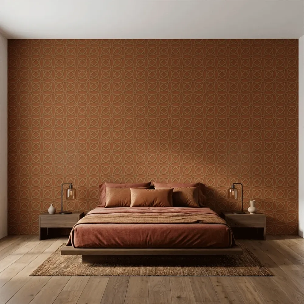 Terracotta Geometric Embroidered Textured Wallpaper