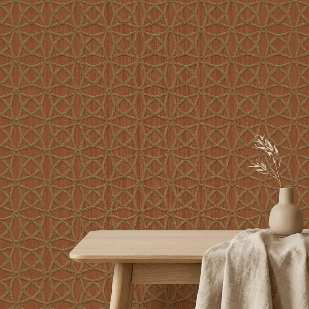 Terracotta Geometric Embroidered Textured Wallpaper