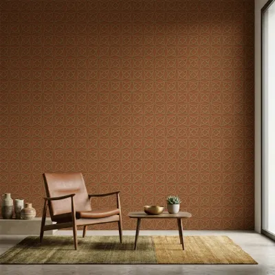 Terracotta Geometric Embroidered Textured Wallpaper