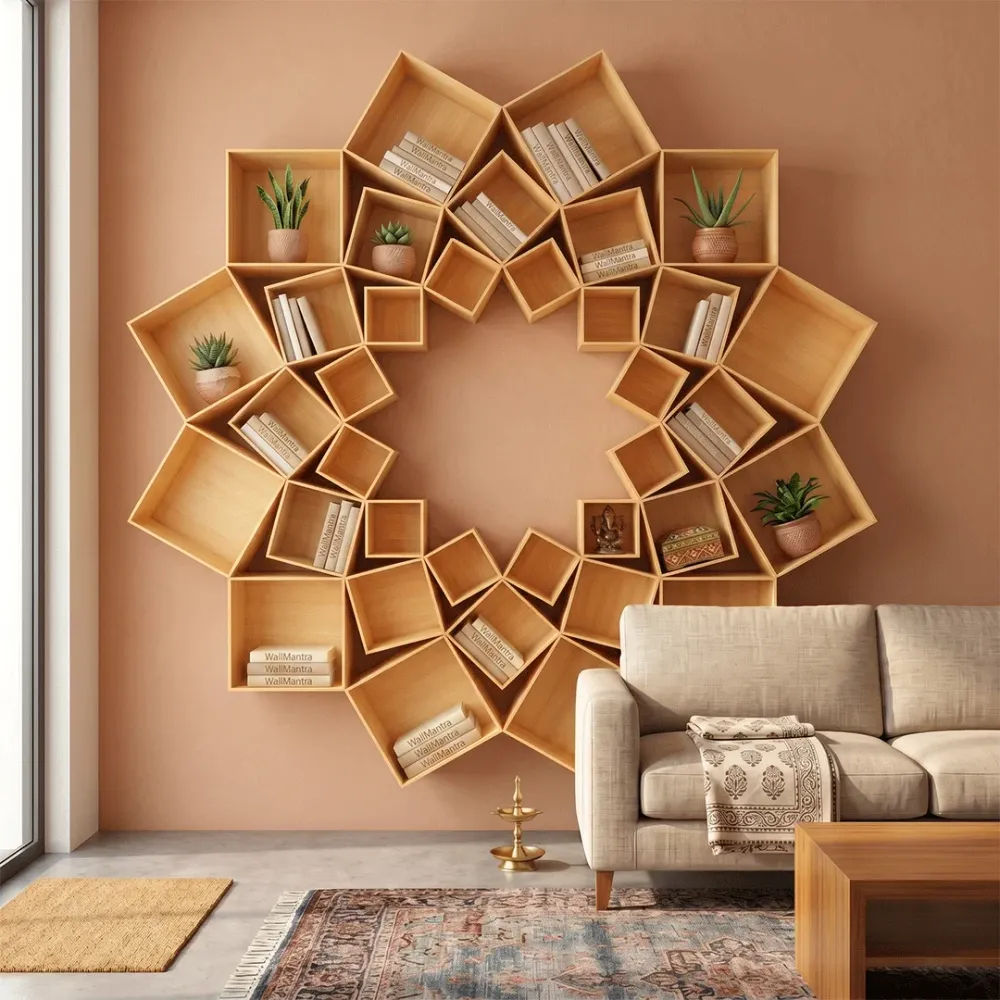 The Lotus Wood Wall Cabinet / Book Shelf, Light Oak Finish