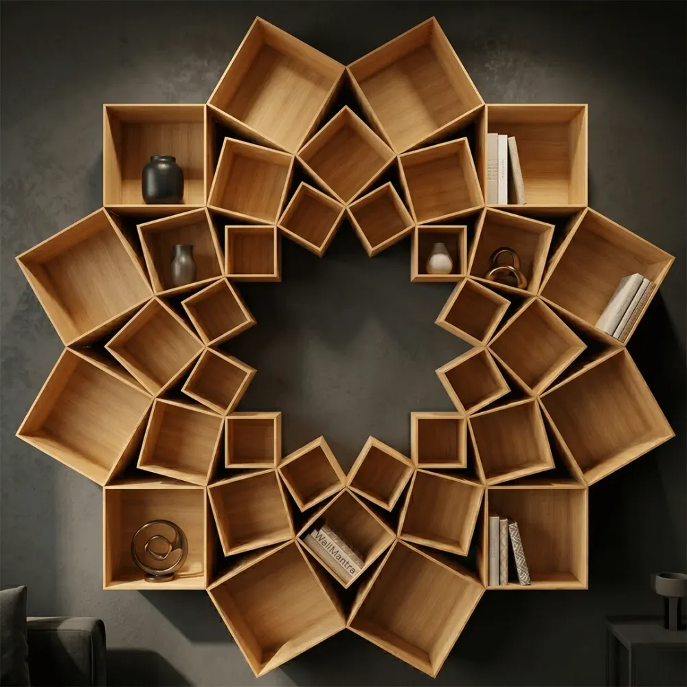 The Lotus Wood Wall Cabinet / Book Shelf, Light Oak Finish