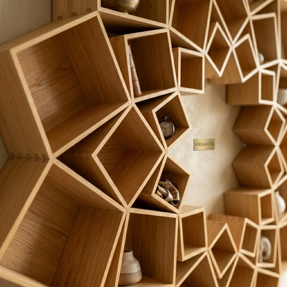 The Lotus Wood Wall Cabinet / Book Shelf, Light Oak Finish