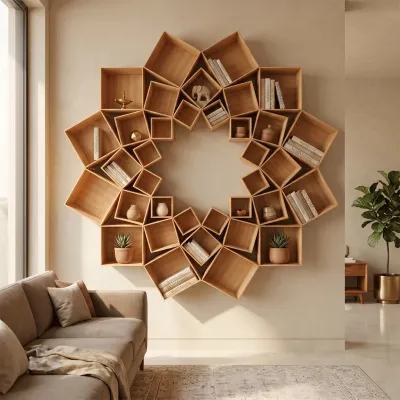 The Lotus Wood Wall Cabinet / Book Shelf, Light Oak Finish