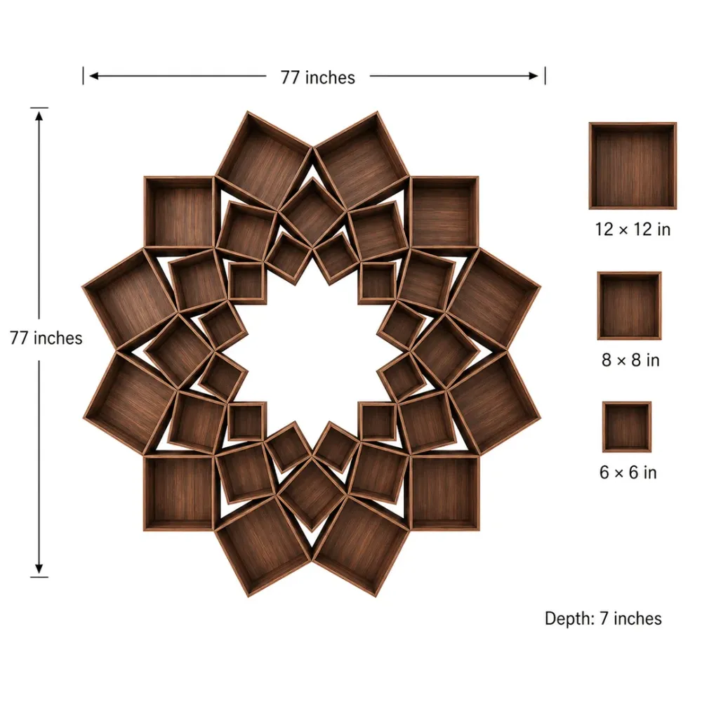 The Lotus Wood Wall Cabinet / Book Shelf, Walnut Finish