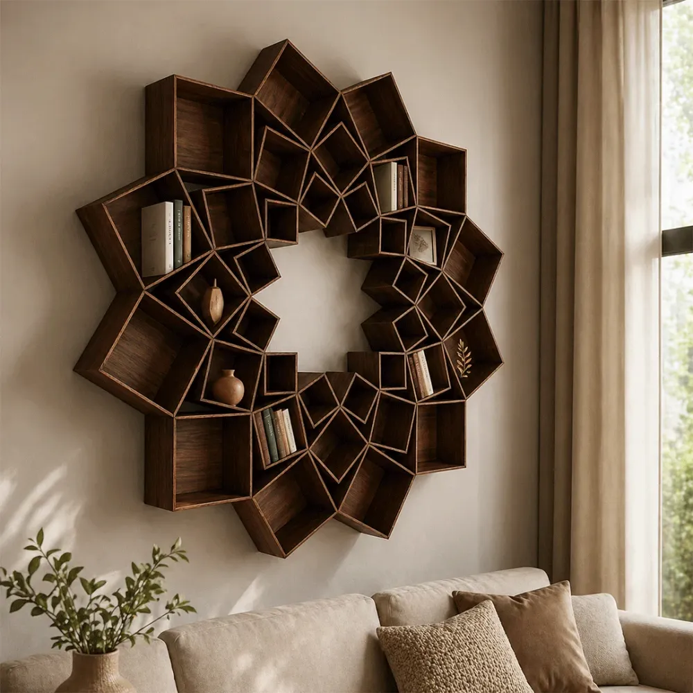 The Lotus Wood Wall Cabinet / Book Shelf, Walnut Finish