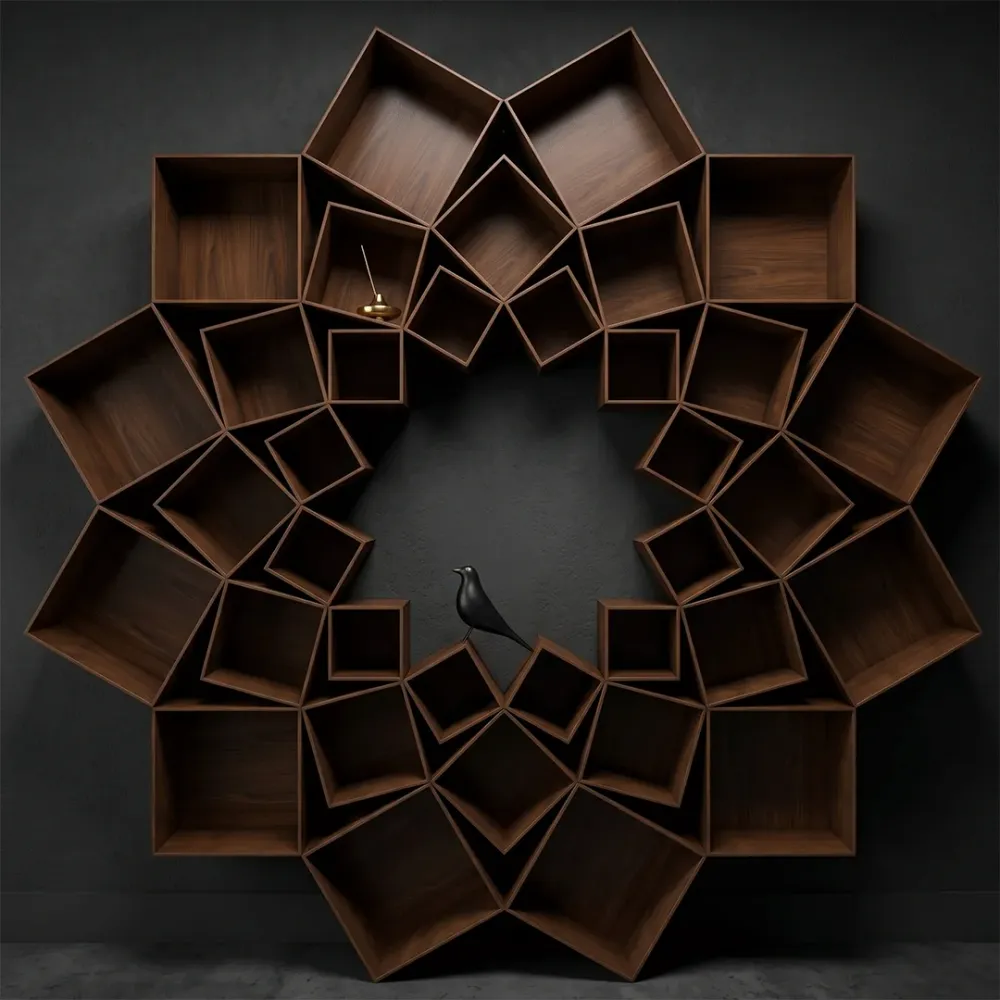 The Lotus Wood Wall Cabinet / Book Shelf, Walnut Finish