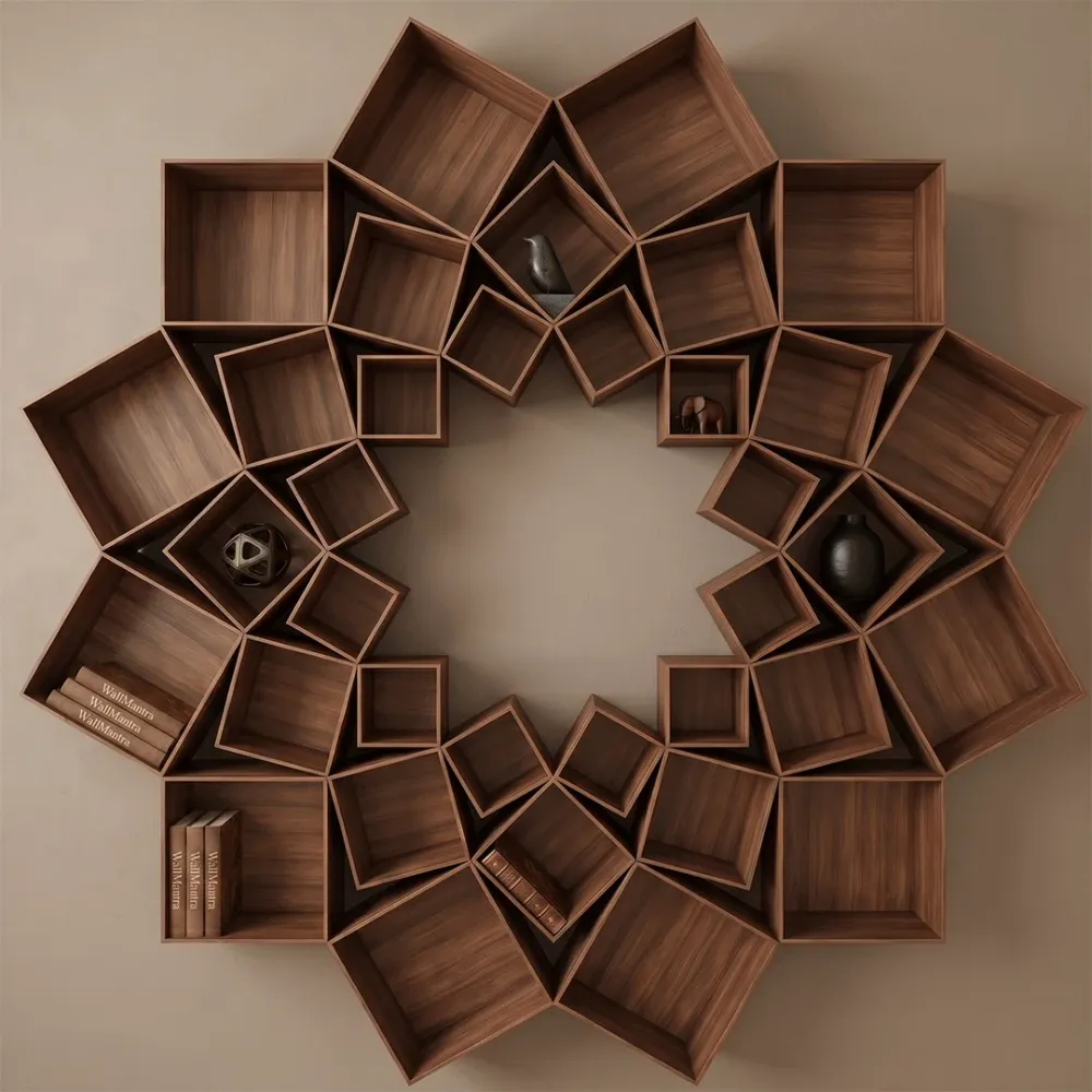 The Lotus Wood Wall Cabinet / Book Shelf, Walnut Finish