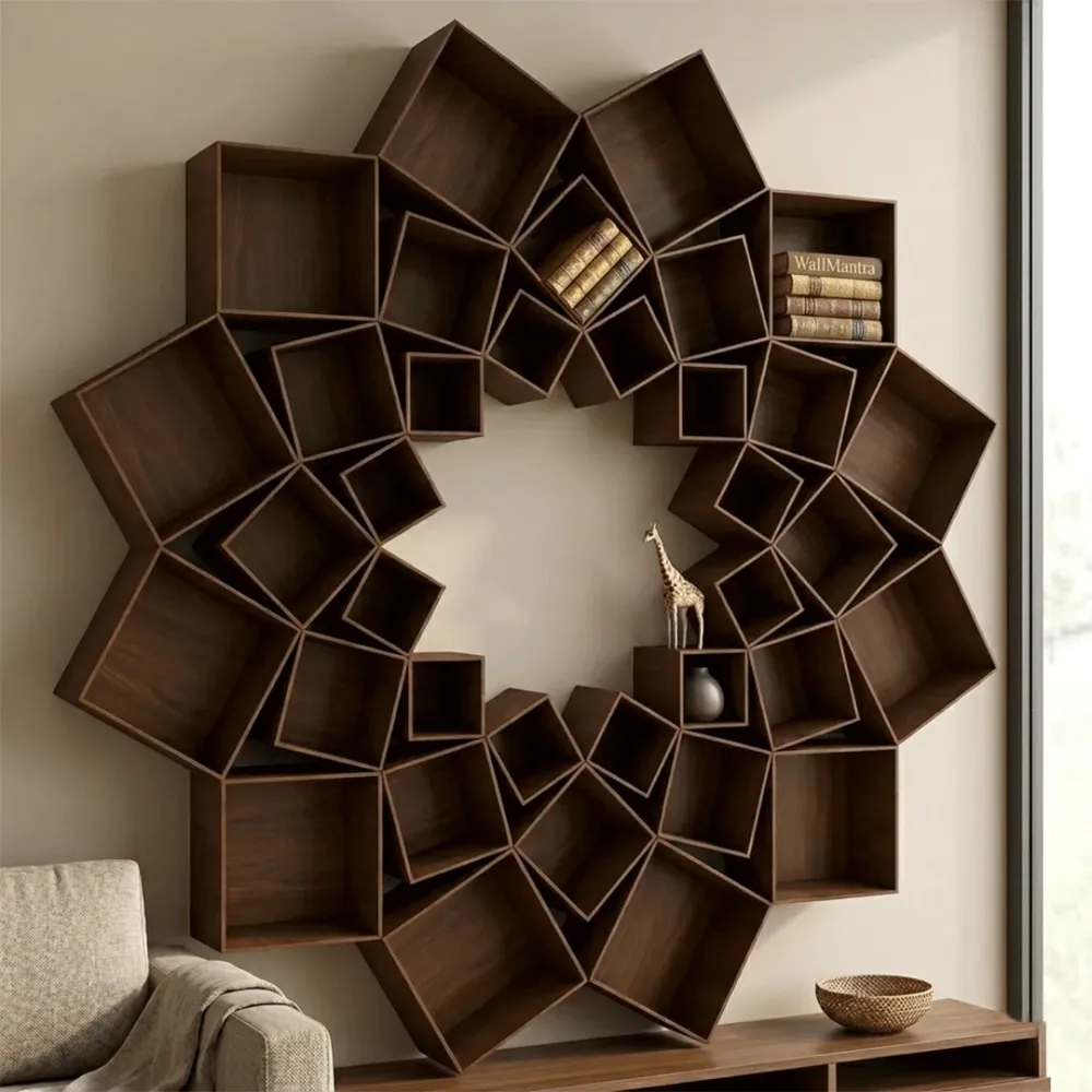 The Lotus Wood Wall Cabinet / Book Shelf, Walnut Finish