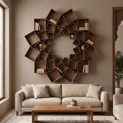 The Lotus Wood Wall Cabinet / Book Shelf, Walnut Finish
