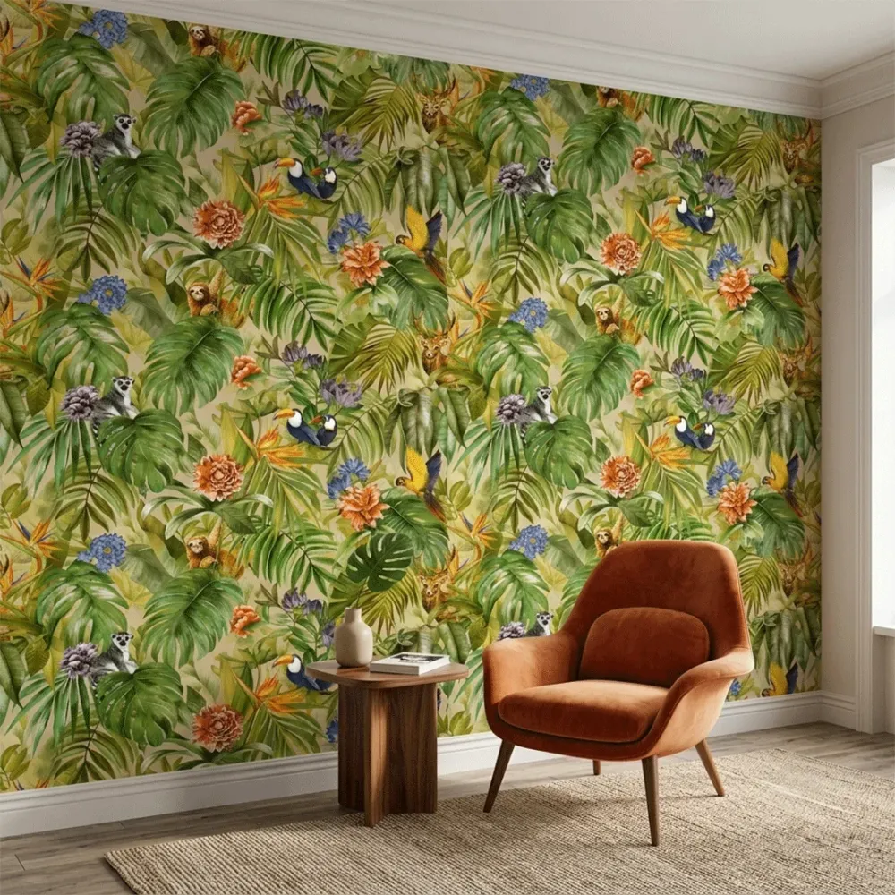 Tropical Jungle Wildlife Botanical Wallpaper