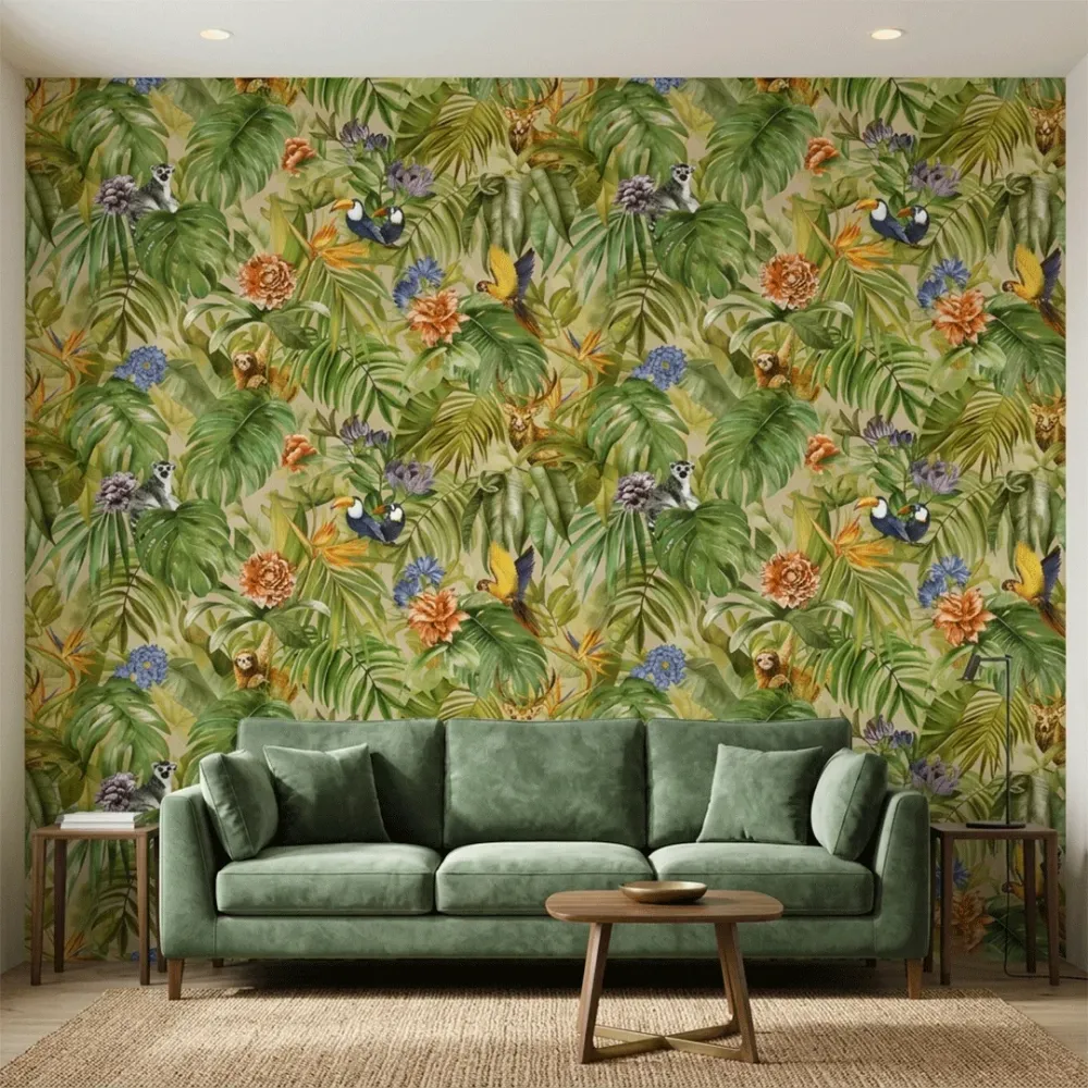 Tropical Jungle Wildlife Botanical Wallpaper