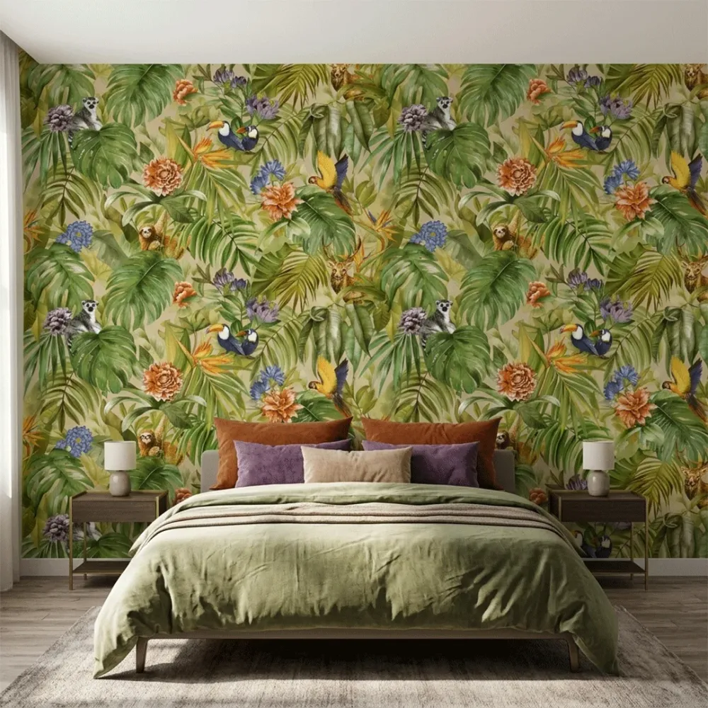 Tropical Jungle Wildlife Botanical Wallpaper