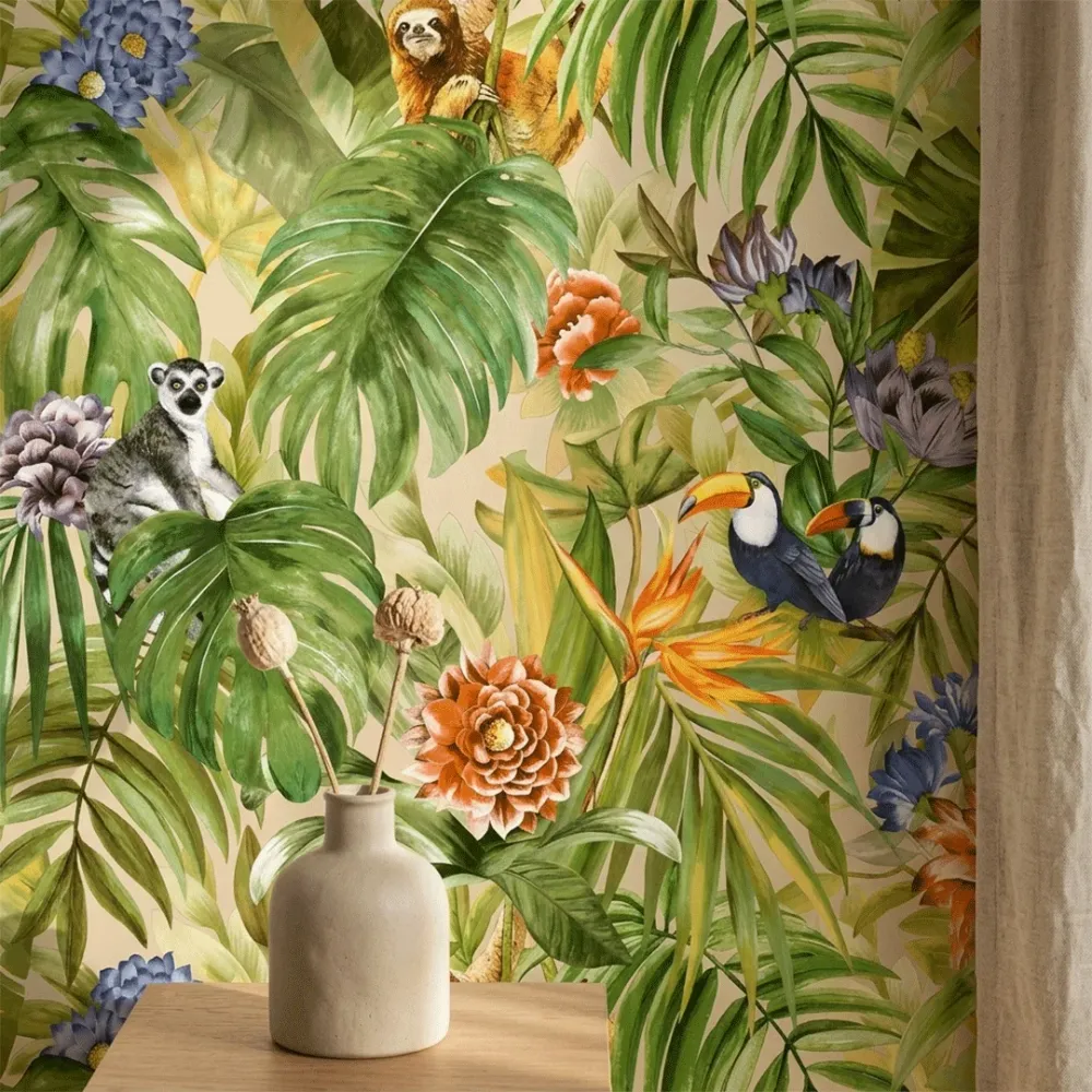 Tropical Jungle Wildlife Botanical Wallpaper