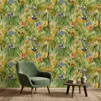 Tropical Jungle Wildlife Botanical Wallpaper
