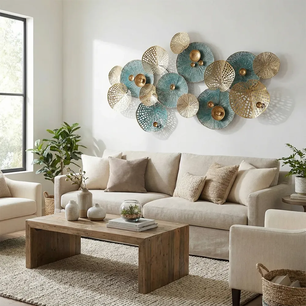 Turquoise &amp; Golden Big Leaves Metal Wall Art