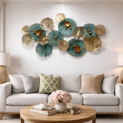 Turquoise &amp; Golden Big Leaves Metal Wall Art