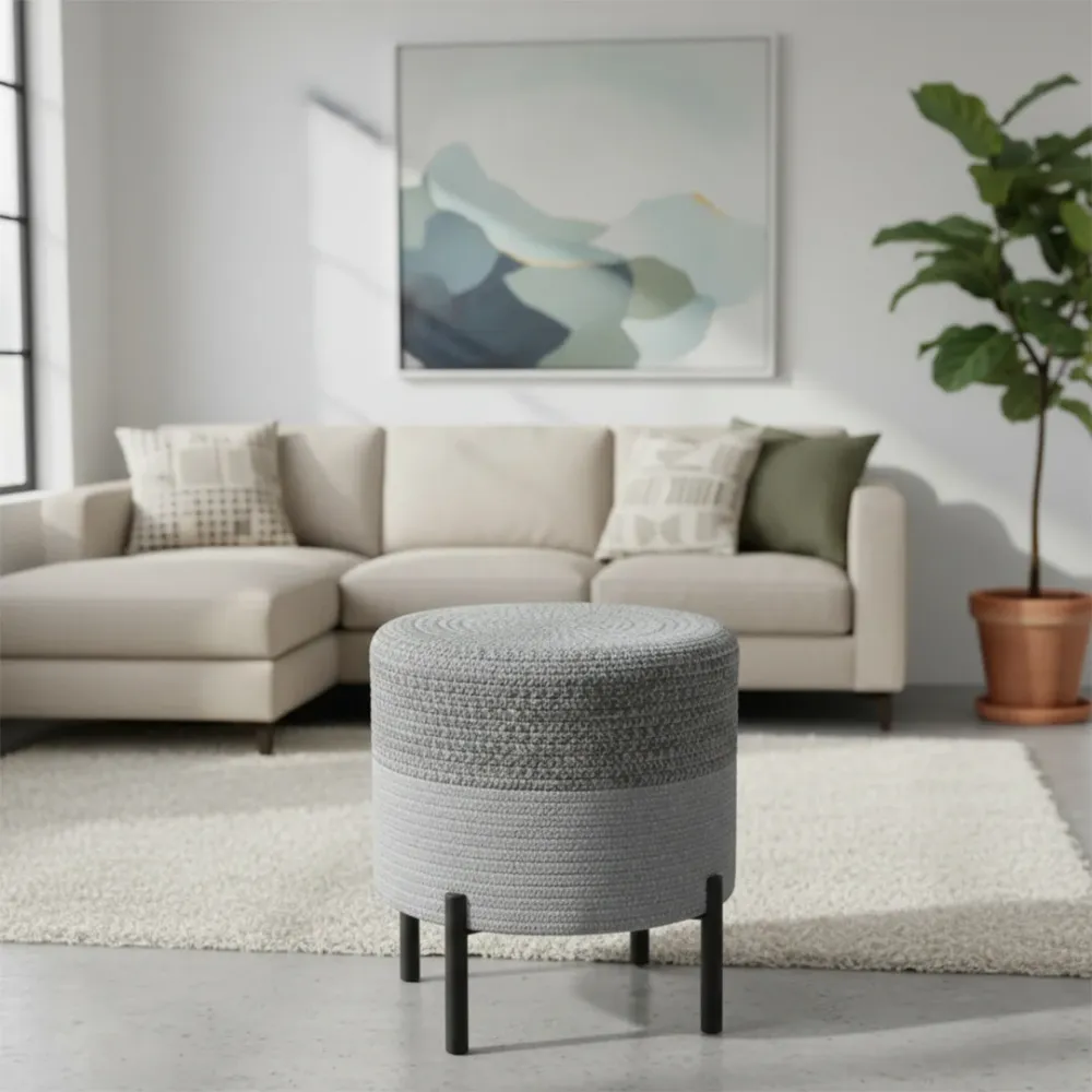 Urban Grey Studio Indoor Round Braided Pouffe Stool with Metal Legs 