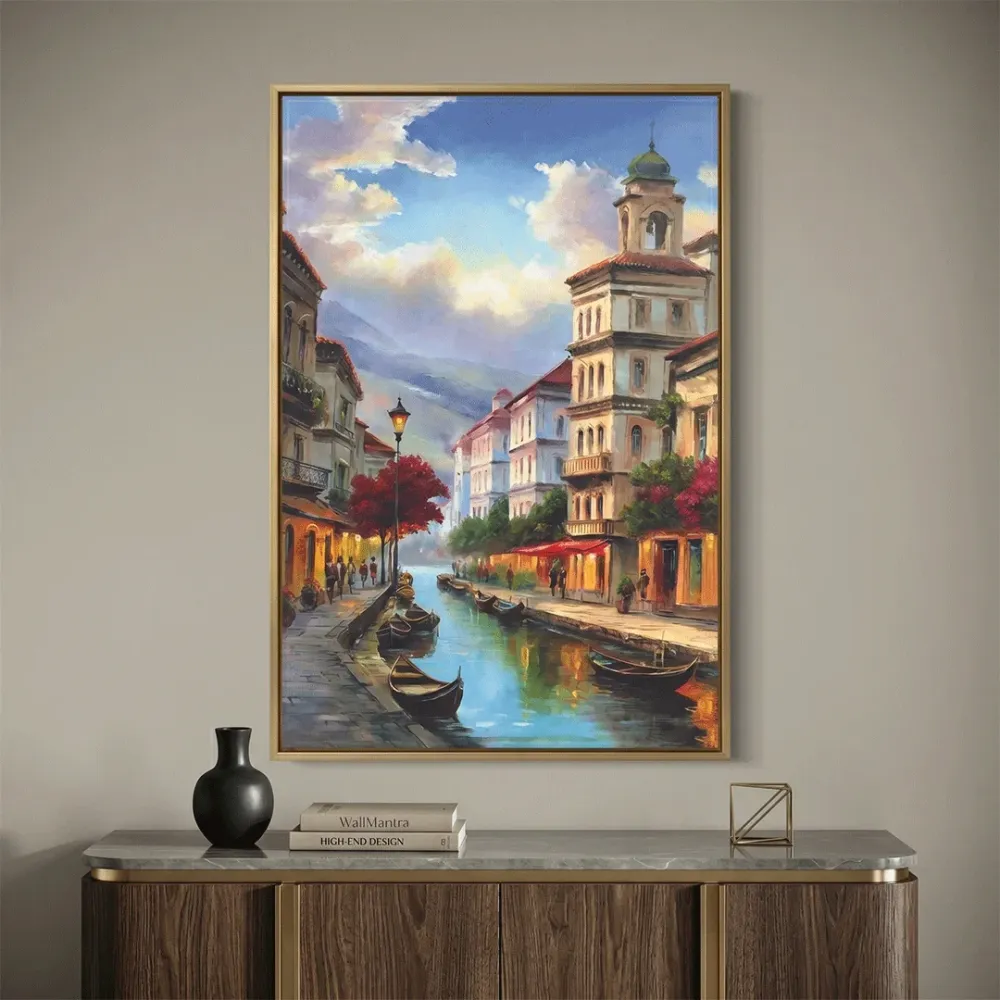 Venetian Canal Street Canvas Wall Art – Classic European Cityscape With Frame