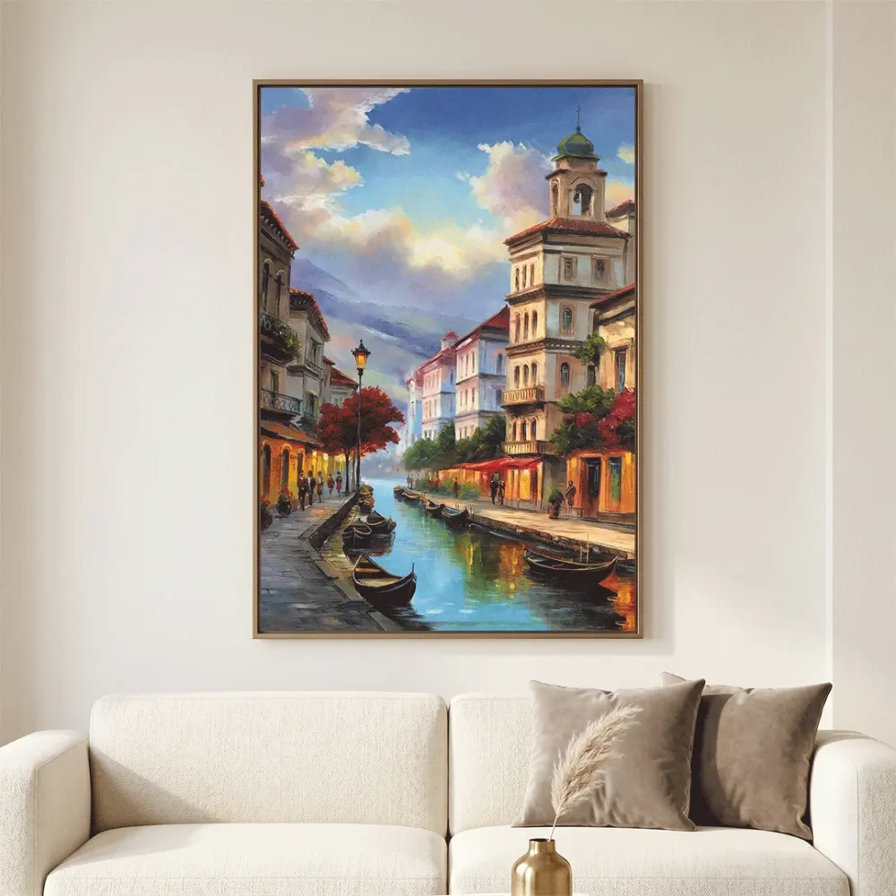 Venetian Canal Street Canvas Wall Art – Classic European Cityscape With Frame