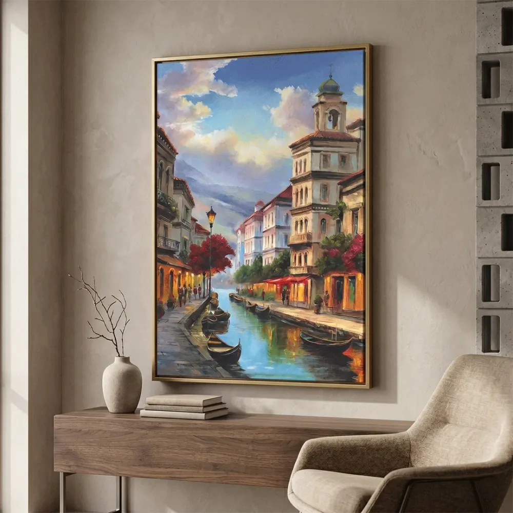 Venetian Canal Street Canvas Wall Art – Classic European Cityscape With Frame