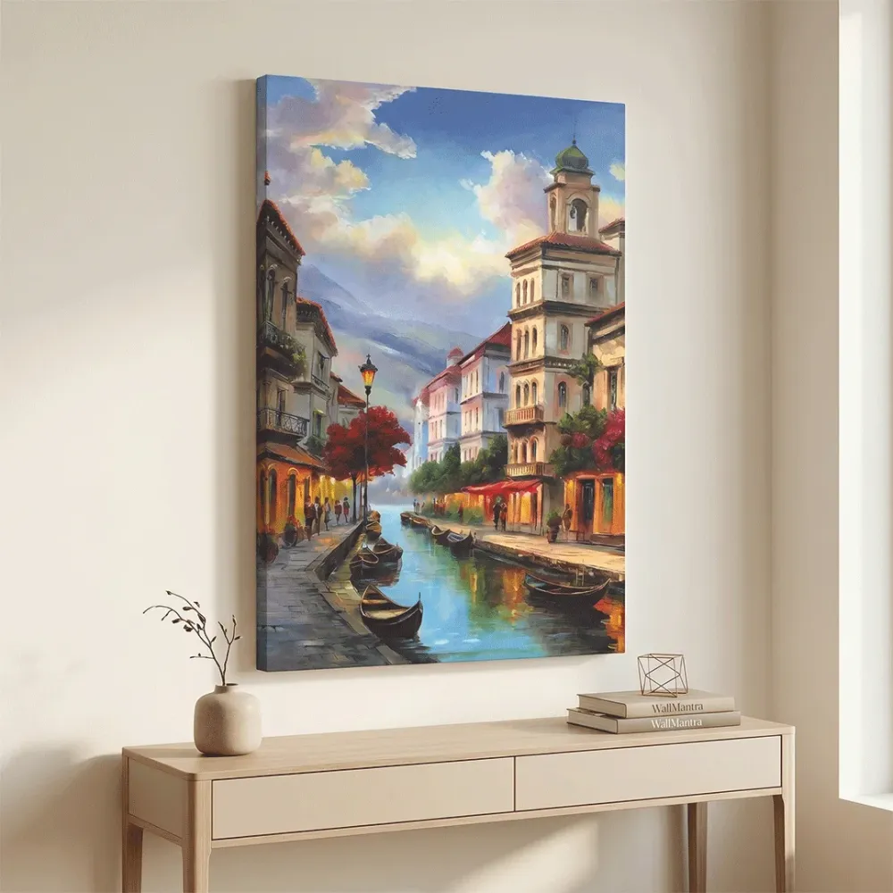Venetian Canal Street Canvas Wall Art – Classic European Cityscape With Frame