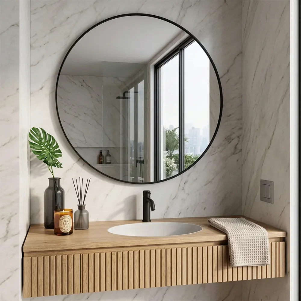 Vibrant Black Bordered Minimalist Round Wall Mirror