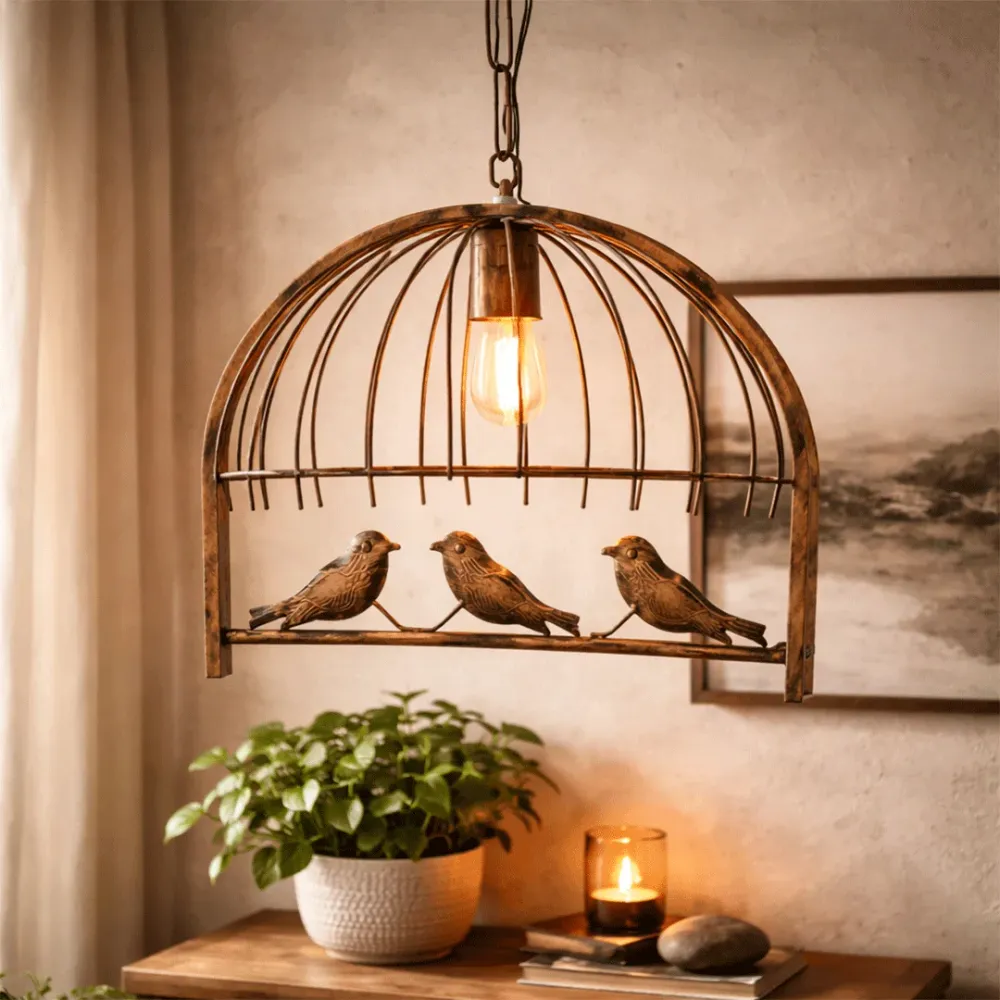 Vintage Birdcage Hanging Light – Rustic Metal Decorative Ceiling Hanging Lamp