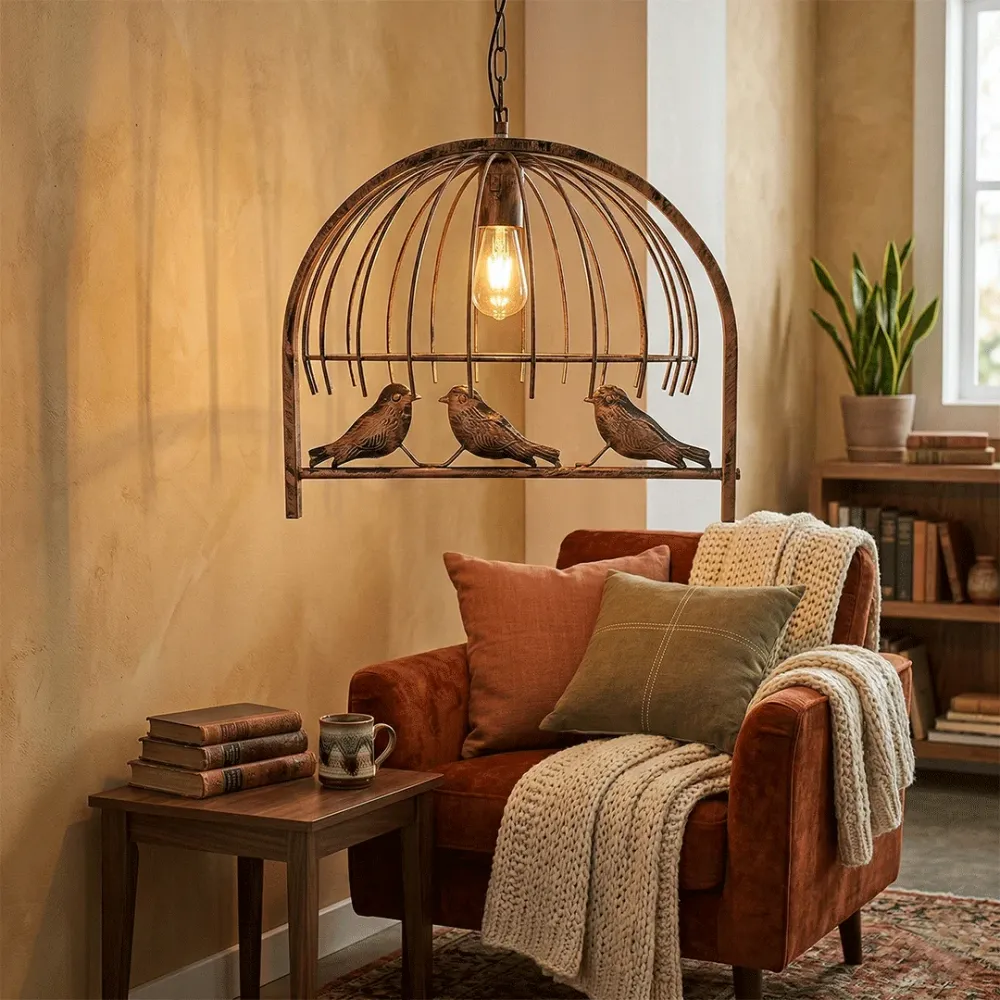 Vintage Birdcage Hanging Light – Rustic Metal Decorative Ceiling Hanging Lamp