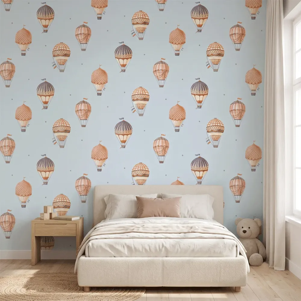 Blue Hot Air Balloon Kids Wallpaper | Premium Korean Vinyl Nursery Wallpaper