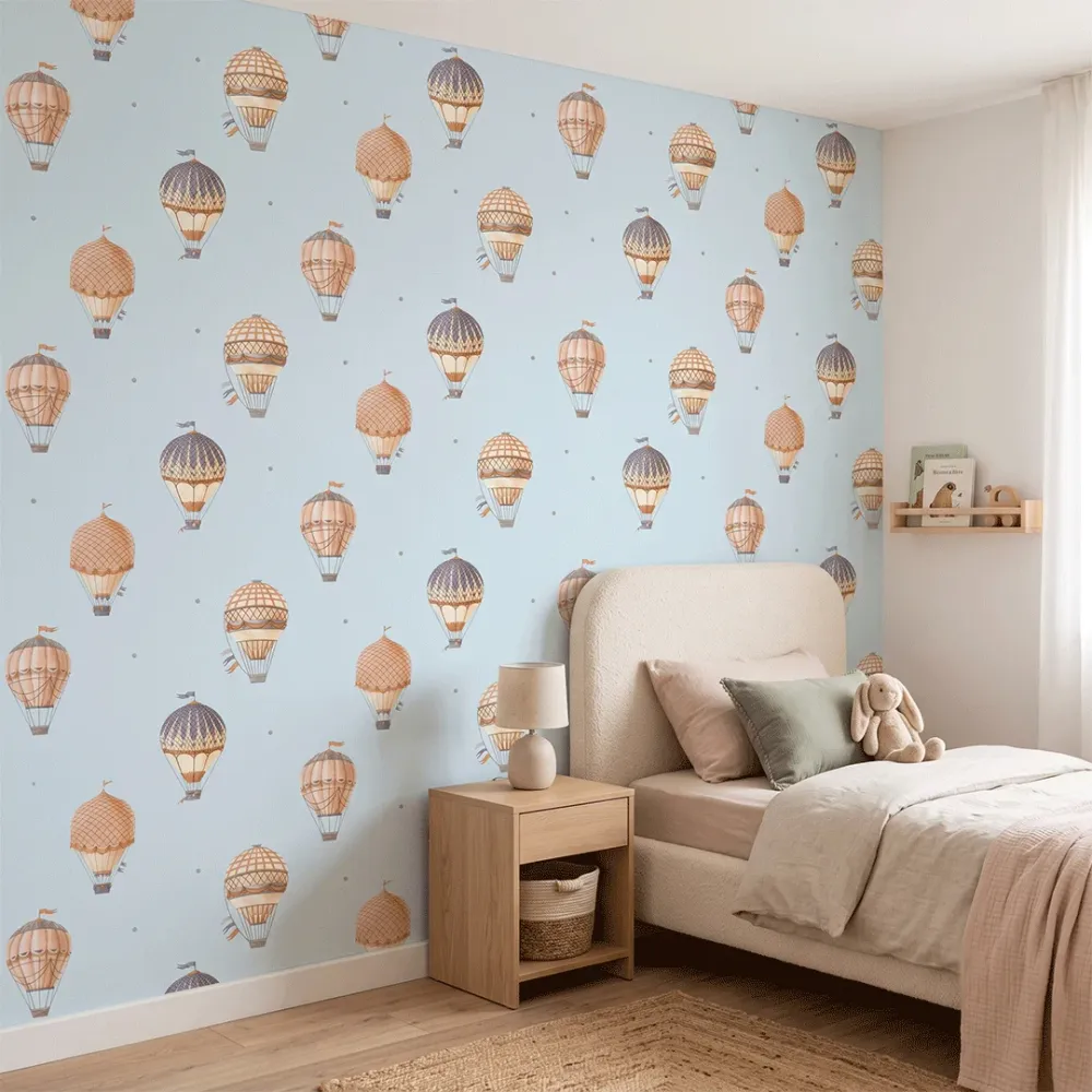 Blue Hot Air Balloon Kids Wallpaper | Premium Korean Vinyl Nursery Wallpaper