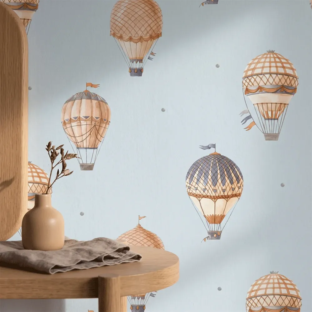 Blue Hot Air Balloon Kids Wallpaper | Premium Korean Vinyl Nursery Wallpaper