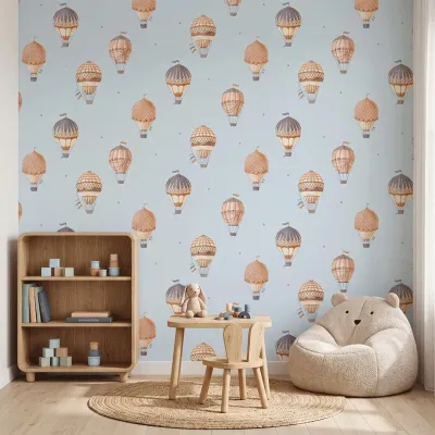 Blue Hot Air Balloon Kids Wallpaper | Premium Korean Vinyl Nursery Wallpaper