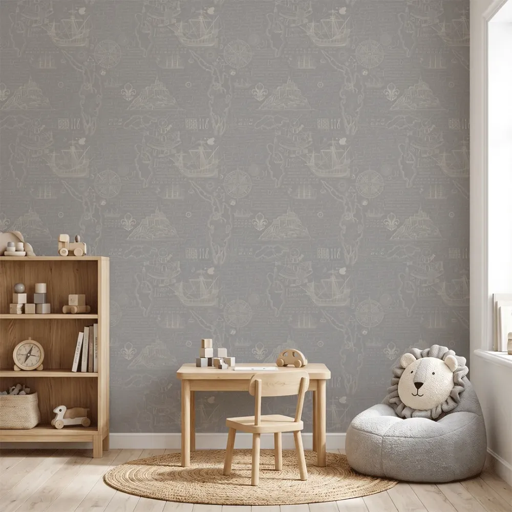 Grey Vintage Nautical Wallpaper | Premium Korean Vinyl Maritime Map Wallpaper