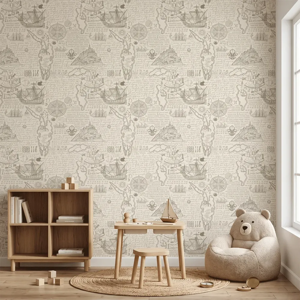 Vintage Maritime Sketch Wallpaper | Premium Korean Vinyl Antique Navigation Wallpaper